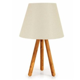 Resim METEDEKOR Ahşap Üç Ayaklı Krem Dokuma Başlık Tripot Abajur Yatak Odası Çocuk Odası Masa Lambası 