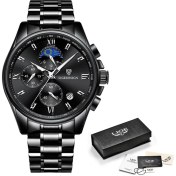 Resim Hanyang Tüm Siyah Lıge Moda Lüks Erkek Izle Paslanmaz Çelik Su Geçirmez Iş Kuvars Kol Saati Erkekler Için Rahat Spor Tarihi Chronograph Izle (Yurt Dışından) 
