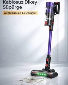 Resim Kablosuz Dikey Süpürge 29.6V 2200mAh | Motorlu Turbo Başlık (LED Işıklı) | 3 Güç Modu | Yıkanabilir HEPA Filtre | 60 Dakika Kullanım | Şarjlı Süpürge 