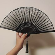 Resim Vintage Çin Mürekkep Boyama Katlanır Yelpaze - Şık Retro Elde Taşınabilir Soğutma Yelpazesi, Çiçek ve Kuş Motifli, Hafif Yaz Aksesuarı Kadınlar İçin, Püskül Detaylı & Geleneksel Dekoratif Tasarım, Zarif İşçilik 