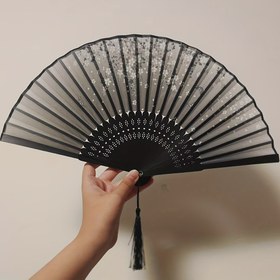 Resim Vintage Çin Mürekkep Boyama Katlanır Yelpaze - Şık Retro Elde Taşınabilir Soğutma Yelpazesi, Çiçek ve Kuş Motifli, Hafif Yaz Aksesuarı Kadınlar İçin, Püskül Detaylı & Geleneksel Dekoratif Tasarım, Zarif İşçilik 
