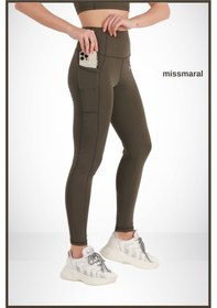 Resim Kadın Tayt Haki Yüksek Bel Çift Cep Detaylı Mevsimlik Toparlayıcı Spor & Casual 1057 Haki 