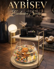 Resim Reyo OK-AY Store Düz Raflı Işıklı Lüks Cam Fanus İçinde Beta Balığı İçin Özel Tasarım Masa Üstü Dekoratif Akvaryum Gold-Krem 