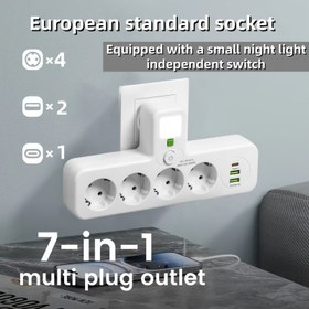 Resim Avrupa standartlı priz panosu, 4 prize, 3 USB şarj portu (1 TYPE-C), bağımsız anahtarlama/gece lambası, çok uygun ev, seyahat, ofis, yurt için, Avrupa standardı çıkışlara uy, 110V-250V, 10A/2500W, beyaz/siyah 