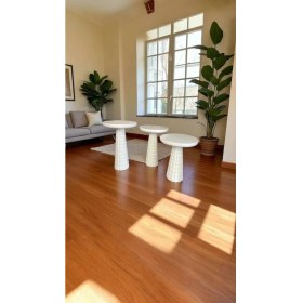 Resim Masif Ahşap 3lü Mantar Sehpa Seti Beyaz Renk Doğal Zigon Fiskos 