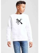 Resim Berber Kuaför Barber Shop Baskılı Unisex Çocuk Beyaz Sweatshirt Beyaz 