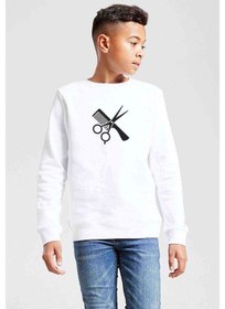 Resim Berber Kuaför Barber Shop Baskılı Unisex Çocuk Beyaz Sweatshirt Beyaz 