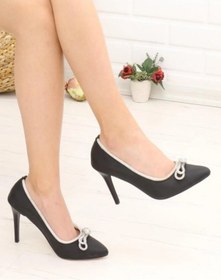 Resim Feles Saten Kumaş Taşlı Kadın Stiletto Siyah 