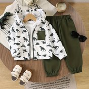 Resim 2 Adet Erkek Çocuk Sonbahar Yeni Dinozor Baskılı Renk Bloklu Kapüşonlu Sweatshirt ve Düz Pantolon Takımı, Dış Mekan İçin İdeal 