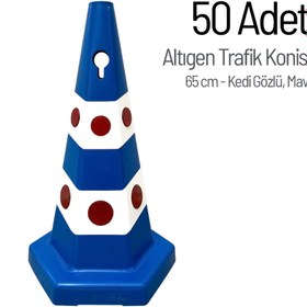 Resim İleri Trafik 50'li Kedi Gözlü Mavi Altıgen Trafik Konisi Seti 65 cm Trafik Dubası 