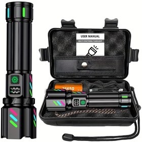 Resim LED El Feneri, Şarj Edilebilir Taşınabilir Taktiksel Işık, 5 Modlu, Uzun Mesafe, Alüminyum Alaşım, USB Type-C, Dijital Güç Göstergeli, Çok Fonksiyonlu El Feneri, Açık Hava, Balıkçılık, Kamp, Acil Durumlar İçin - Renkli Kutu/Hediye Kutusu 