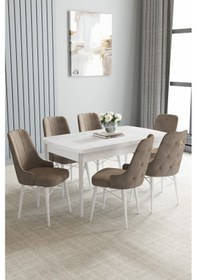 Resim Jusie Beyaz 80x132 Açılabilir Mutfak Masası Takımı 6 Adet Sandalye Cappucino 
