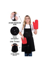 Resim Star Ayar Askılı Havlulu 4lü Mutfak Önlüğü Seti Eldiven Tutacak Siyah-siyah-kırmızı 