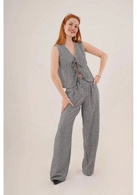 Resim Defymoda Ön Bağlama Detaylı Yelek Ve Pantolon Antrasit İkili Takım Siyah 