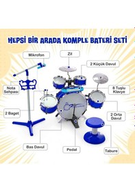 Resim Mikrofonlu Işıklı Sesli Bateri Seti - Piyanolu Tabureli & Bagetli Eğitici Çocuk Bateri Takımı - Mavi 