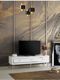 Resim 150 CM KLAS METAL AYAK MDF MEBRAN KAPAK TV SEHPASI BEYAZ GÜMÜŞ 