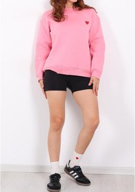 Resim İs Berceste Kadın Bisiklet Yaka Kalp Nakışlı 3 İplik Şardonlu Sweatshirt Pembe 