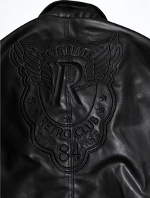 Resim A&O Style Erkek Siyah Oversize Astarlı Fortime Nakışlı Bomber Deri Mont Ceket 