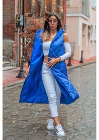 Resim Keyifli Moda Kadın Saks Mavi Kapüşonlu Cepli Baklava Desen Uzun Şişme Yelek Saks Mavisi 