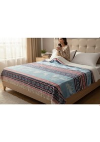 Resim Yıl Başı Desenli Çift Taraflı Akrilik Skoç Battaniyesi 200 220 Cm Kırmızı - Lacivert 