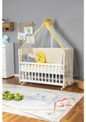 Resim Ahşap Beşik Anne Yanı Beşik Beyaz 60x120 - Sarı Yıldız 3 Yastıklı Uyku Seti + Yataklı Beyaz 