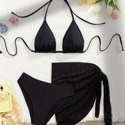 Resim Avrupa ve Amerikan Seksi Yırtmaçlı Sarma Etek Bikini Üç Parçalı Set 