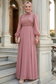 Resim N.S NEVA STYLE Drape Detaylı Gül Kurusu Tesettür Abiye Elbise 4823GK 