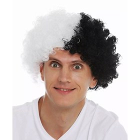 Resim Siyah Beyaz Kıvırcık Afro Bonus Taraftar Peruğu 