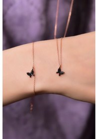 Resim Papatya Silver 925 Ayar Gümüş Rose Kaplama Siyah Zirkon Taşlı Mini Kelebek Kolye ve Bileklik Set 