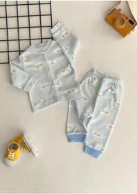 Resim DERİNBEBE Neşeli Bebekler Önden Çıtçıtlı Bulut Desen Pijama Takımı Mavi 