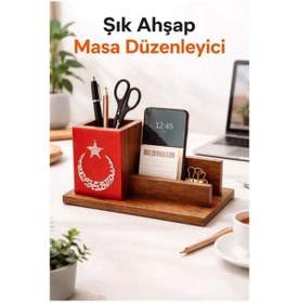 Resim Türk Bayrağı Özel Baskılı Ahşap Kalemlik Kartvizitlik Telefonluk Vb. Masa Seti Kaydırmaz Taban Kahverengi 