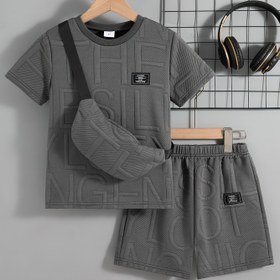 Resim Erkek Çocuklar için Günlük Klasik Dışarı Çıkma Düz Renkli Yama Tasarımı Normal Kesim Yuvarlak Yaka Kısa Kollu T-Shirt ve Şort Takımı Asılı Çanta ile Erkek Çocuk Şortları Yazlık Kıyafet, HWMFSNHFZ, Dış Mekan için 