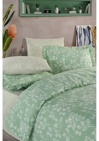 Resim Flora Serisi Fırfırlı Çift Kişilik 6 Parça Nevresim Takımı--70 Yeşil 