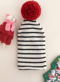 Resim Unisex Siyah Beyaz Çizgili Kırmızı Ponpon Çift Katlı Likralı Penye Bere - 1-2 Yaş 