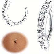Resim 1 adet 14G 925 Sterlin Gümüş Göbek Düğmeleri Kadınlar Erkekler için Hipoalerjenik Clicker Göbek Düğmesi Kübik Zirkonya Paved Ters Eğik Göbek Düğmeleri Barbell Göbek Deliği Takı 1.8g/0.06oz, Günlük ve Spor Durumları, Tüm Mevsimler, Mardi Gras Günü Takı, Lüks Fransız Tarzı 