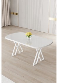 Resim Canisa Jolin Serisi Mdf 90x168 Beyaz Mutfak Masa Takımı 4 Gri Metal Sandalye Beyaz Masa, Gri Sandalye 