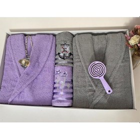 Resim Çeyizlik Aile Bornoz Seti 4 Parça Lila - Gri Çok Renkli 