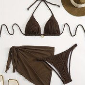 Resim Yeni Basit Düz Renkli Seksi Üçgen Bikini ve Kolyeli Kadın Yaz Modası Güneş Koruma Takımı 