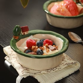 Resim 1 Adet, Sevimli Karikatür Kulübe ve Ağaç Desenli Seramik Salata Yoğurt Meyve Kasesi 