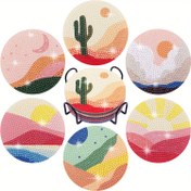 Resim 6 Paket Elmas Boyama Bardak Altlığı Kitleri Bitki Temalarıyla - Yuvarlak ABS Elmaslar, DIY Mandala Kaktüs ve Güneş Desenleri, Parıldayan Sanat Bardak Altlıkları Tutucu ile, Dekoratif El Sanatları Seti 