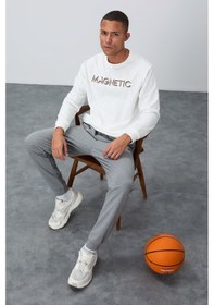 Resim Tommy Life Ekru Yazı Nakışlı O Yaka Rahat Form İçi Polarlı Erkek Sweatshirt - 88020 Ekru 