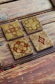 Resim Oscar Stone Decor Baskılı Doğaltaş Bardak Altlığı 4'Lü Set Desen Tile 4Dsn-121 