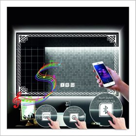 Resim Dnr-Mirror65x90 Cm Beyaz Ledli Tasarım Kumlamalı Dokunmatik Bluetoothlu Buğu Önleyicili Makyaj Banyo Aynası 
