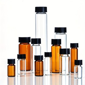 Resim 5 adet Siyah Plastik Vidalı Kapaklı Cam Örnek Şişeleri, 3/5/10/15/20ml Şeffaf Laboratuvar Esansiyel Yağ Şişeleri 