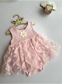 Resim Ruffia Bebek Tütü Etek Papatya Baskılı Sıfır Kol Alttan Çıtçıtlı Zıbın 