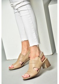 Resim Fox Shoes P555452303 Vizon Hakiki Deri Kalın Topuklu Kadın Sandalet Vizon 
