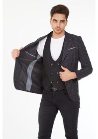 Resim Sposo 5140 Yelekli Dar Kalıp Siyah Ekose Erkek Blazer Ceket Siyah 
