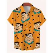 Resim Erkek Anime Tarzı Kısa Kollu Gömlek - Canlı Sarı Siyah ve Mavi Karakter Baskısı ile, Plaj, Açık Hava Aktiviteleri ve Rahat Giyim için Yaz Tatili Üstü, Plaj Giysileri, Rahat Aktivite Gömleği, Eğlenceli Tasarım, Esnek Olmayan Kumaş 