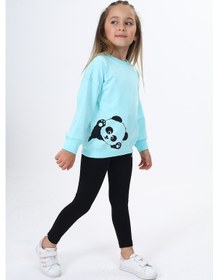 Resim Toontoy Kids Toontoy Kız Çocuk 2'li Takım Baskılı Bisiklet Yaka Düşük Omuz Sweatshirt & Basic Düz Tayt Su Yeşili 