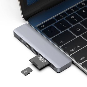 Resim Recci RH08 Type-C to Type-C + SD/TF + USB3.0 + USB2.0 + HDMI + Thunderbolt 3 Bağlantılı 7in2 Hub - Gri 
